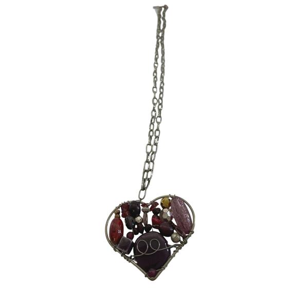 VTG Necklace Mosaic Beads & Stones In Large Heart-Shaped Pendant - Picture 3 of 6